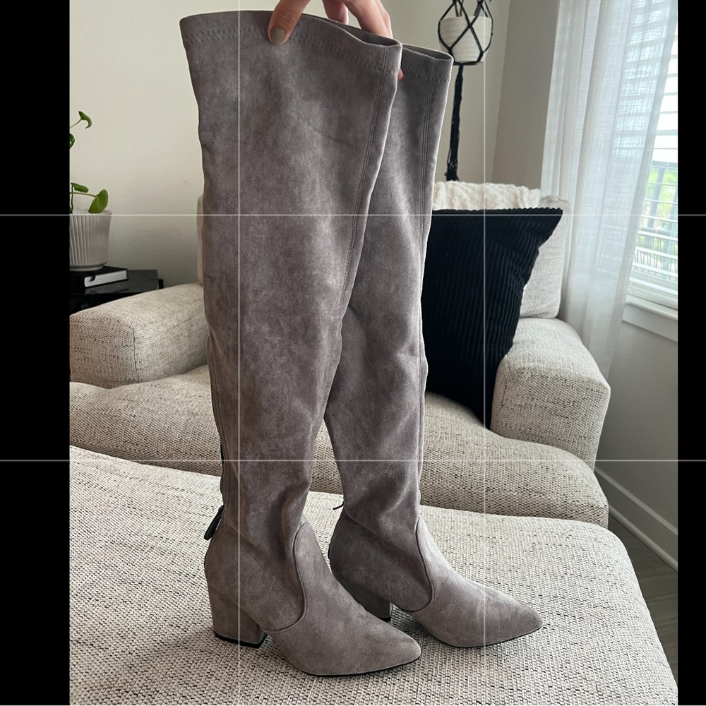 Thigh high gray suede heeled boots